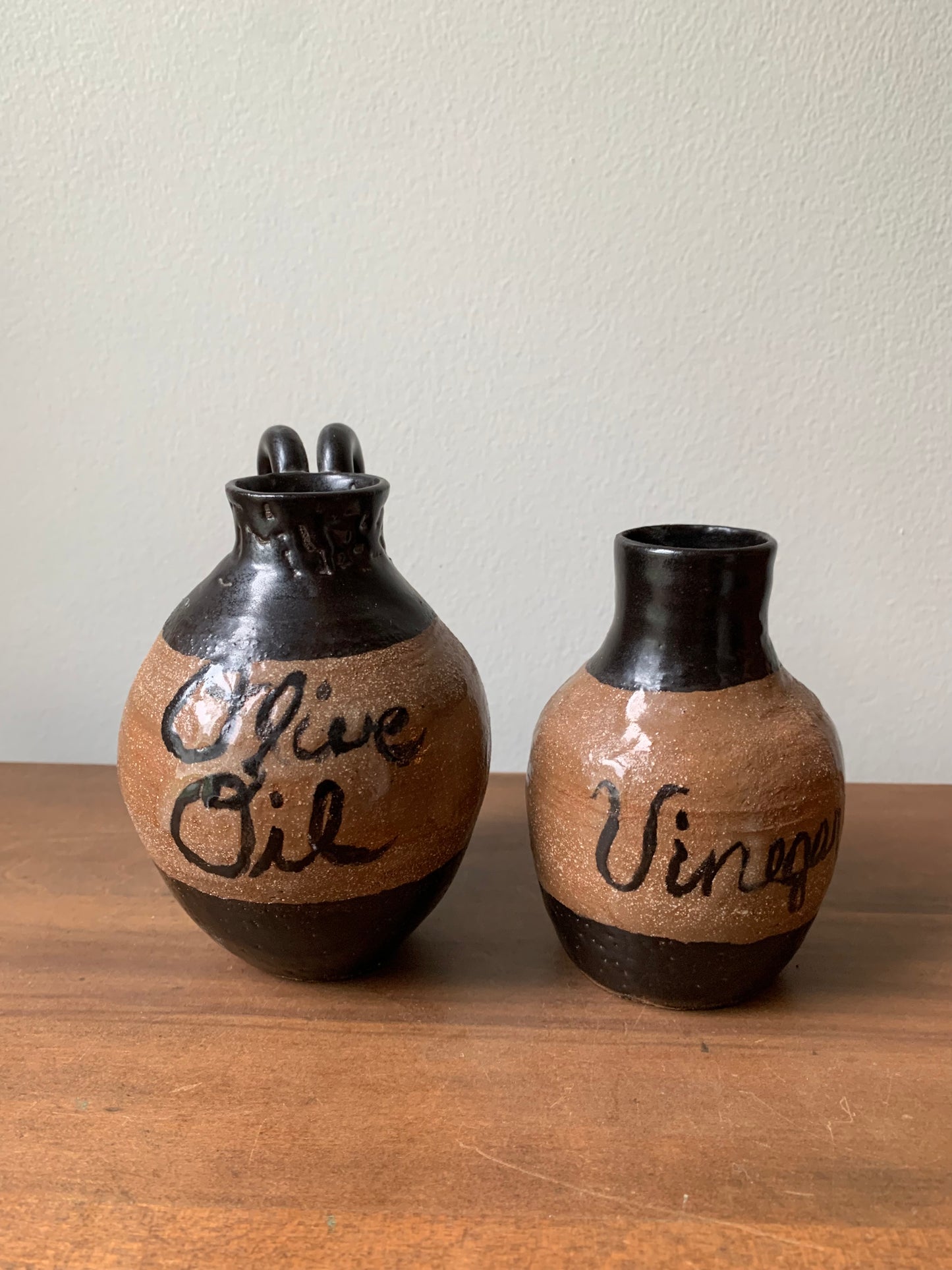 (Set of two) Handmade Pottery Jugs for Olive Oil and Vinegar